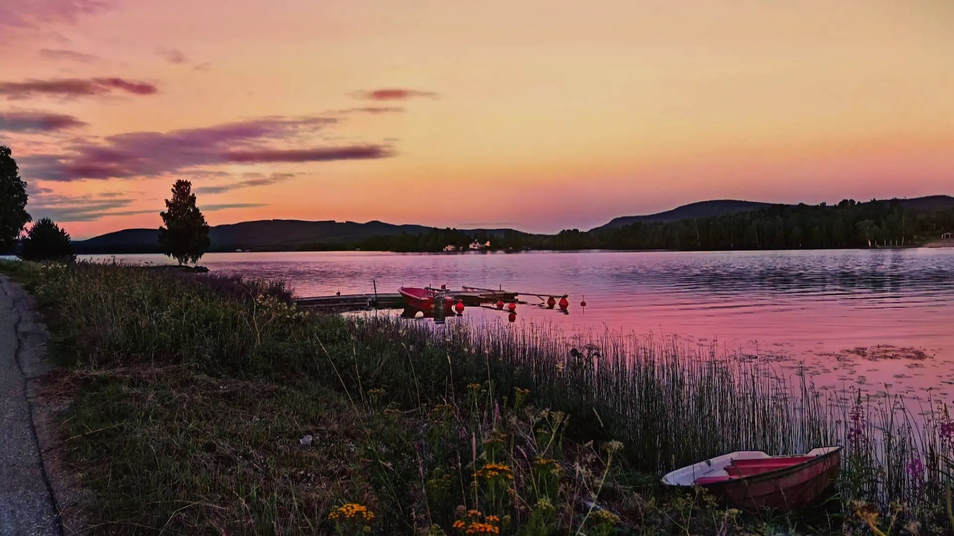 Swedish landscape at a lake during sunset in July.